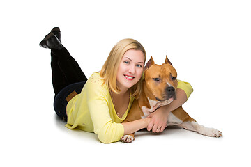 Image showing Girl with amstaff dog