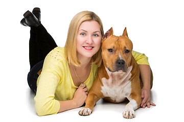 Image showing Girl with amstaff dog