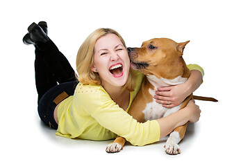 Image showing Girl with amstaff dog