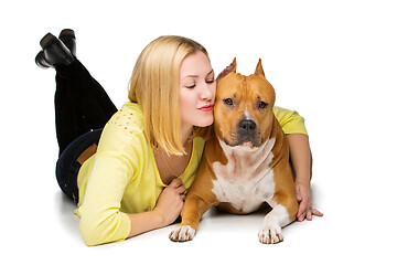 Image showing Girl with amstaff dog