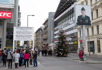 Image showing Berlin, Germany - December 20, 2019: People visit famous Checkpo