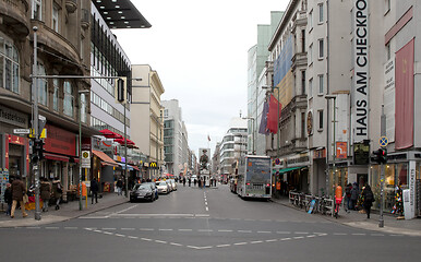 Image showing Berlin, Germany - December 20, 2019: People visit famous Checkpo