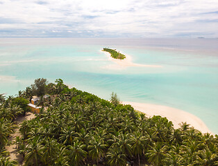 Image showing Aerial drone view of picture perfect beach and turquoise lagoon on small tropical island on Maldives