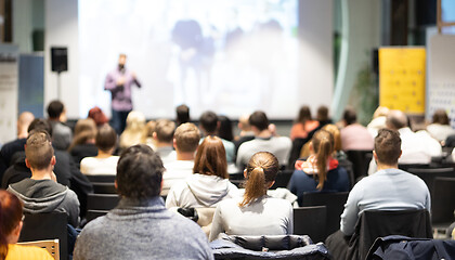 Image showing Business speaker giving a talk at business conference event.