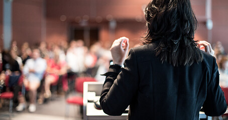 Image showing Public speaker giving talk at Business Event.