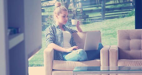 Image showing woman drinking coffee enjoying relaxing lifestyle