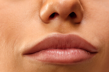 Image showing Beautiful woman face lips nose closeup beauty skin care concept