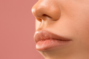 Image showing Beautiful woman face lips nose closeup beauty skin care concept