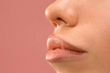 Image showing Beautiful woman face lips nose closeup beauty skin care concept