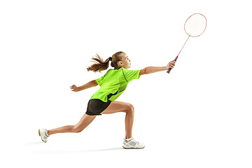 Image showing one caucasian young teenager girl woman playing Badminton player isolated on white background