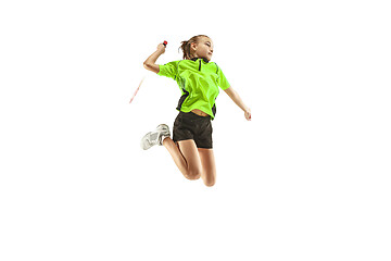 Image showing one caucasian young teenager girl woman playing Badminton player isolated on white background