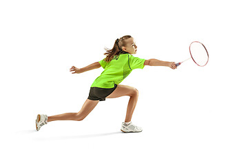 Image showing one caucasian young teenager girl woman playing Badminton player isolated on white background