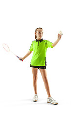 Image showing one caucasian young teenager girl woman playing Badminton player isolated on white background