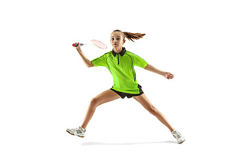 Image showing one caucasian young teenager girl woman playing Badminton player isolated on white background