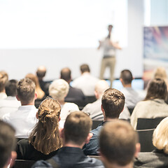 Image showing Male business speaker giving a talk at business conference event.