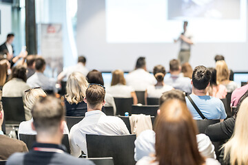 Image showing Male business speaker giving a talk at business conference event.