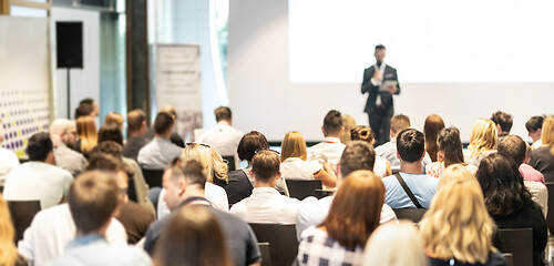 Image showing Male business speaker giving a talk at business conference event.