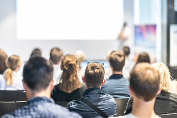 Image showing Male business speaker giving a talk at business conference event.