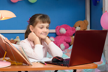 Image showing The girl saw her friends in an online conference in a lesson at home