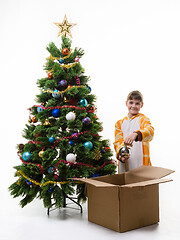 Image showing Girl removes Christmas balls from the Christmas tree and puts in a box