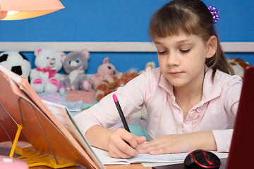 Image showing The girl at the table at home does school lessons.