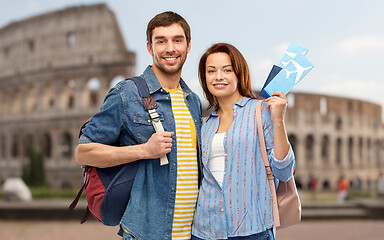 Image showing happy couple with air tickets, bags and passport