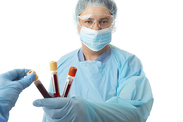 Image showing Pathologists with blood samples for testing