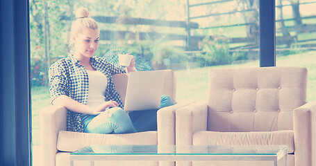 Image showing woman drinking coffee enjoying relaxing lifestyle