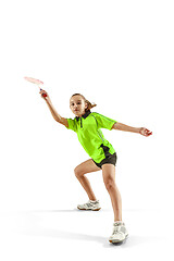 Image showing one caucasian young teenager girl woman playing Badminton player isolated on white background