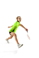 Image showing one caucasian young teenager girl woman playing Badminton player isolated on white background