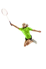 Image showing one caucasian young teenager girl woman playing Badminton player isolated on white background