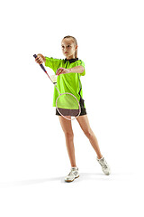 Image showing one caucasian young teenager girl woman playing Badminton player isolated on white background