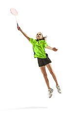 Image showing one caucasian young teenager girl woman playing Badminton player isolated on white background