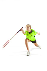 Image showing one caucasian young teenager girl woman playing Badminton player isolated on white background