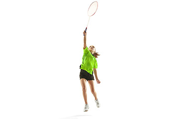 Image showing one caucasian young teenager girl woman playing Badminton player isolated on white background