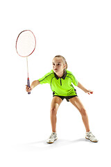 Image showing one caucasian young teenager girl woman playing Badminton player isolated on white background