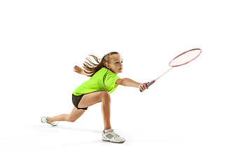 Image showing one caucasian young teenager girl woman playing Badminton player isolated on white background