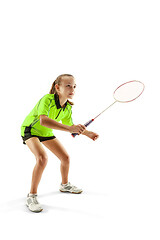 Image showing one caucasian young teenager girl woman playing Badminton player isolated on white background