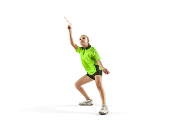 Image showing one caucasian young teenager girl woman playing Badminton player isolated on white background