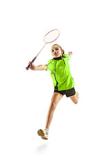 Image showing one caucasian young teenager girl woman playing Badminton player isolated on white background