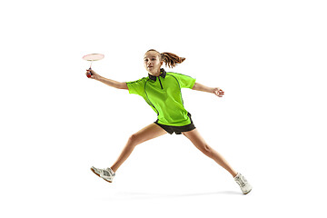 Image showing one caucasian young teenager girl woman playing Badminton player isolated on white background