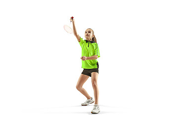 Image showing one caucasian young teenager girl woman playing Badminton player isolated on white background