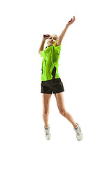 Image showing one caucasian young teenager girl woman playing Badminton player isolated on white background