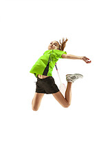 Image showing one caucasian young teenager girl woman playing Badminton player isolated on white background