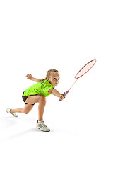 Image showing one caucasian young teenager girl woman playing Badminton player isolated on white background