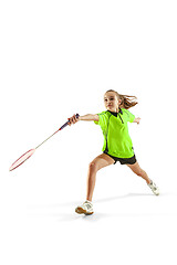 Image showing one caucasian young teenager girl woman playing Badminton player isolated on white background