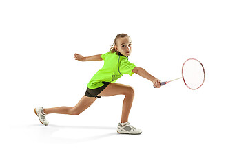 Image showing one caucasian young teenager girl woman playing Badminton player isolated on white background