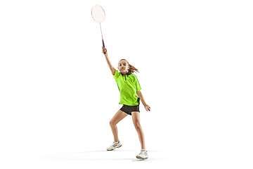 Image showing one caucasian young teenager girl woman playing Badminton player isolated on white background