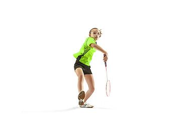 Image showing one caucasian young teenager girl woman playing Badminton player isolated on white background