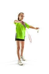 Image showing one caucasian young teenager girl woman playing Badminton player isolated on white background